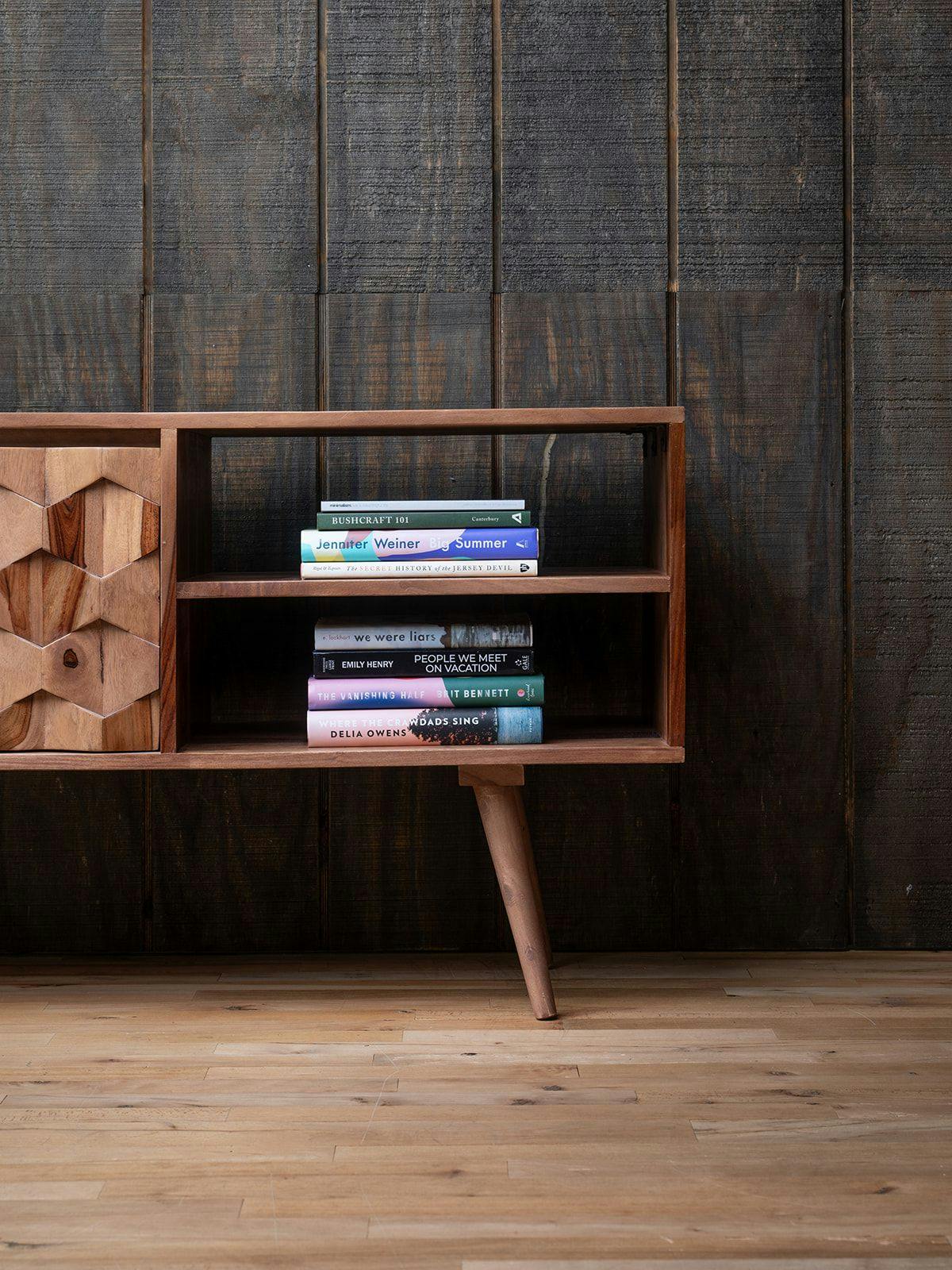 credenza shelves with books