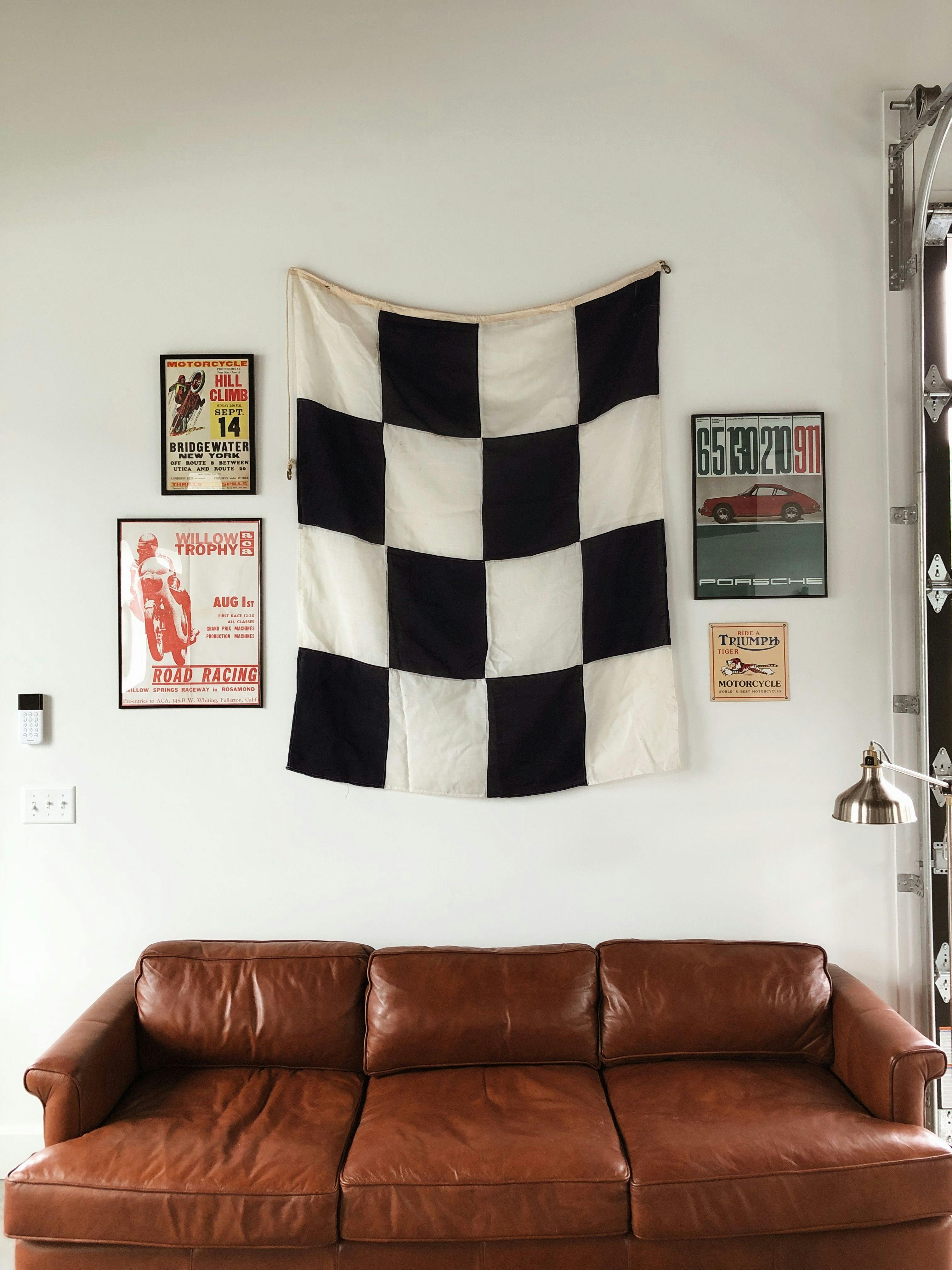 leather sofa and checkered flag